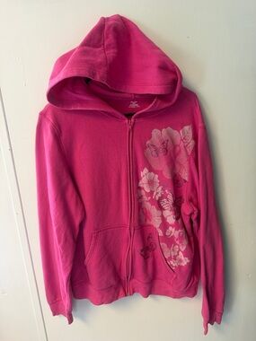Bright Pink Zip-Up Hoodie with Floral & Butterfly Print
